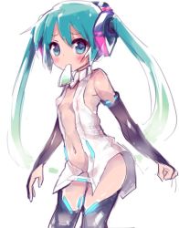 Rule 34 | 1girl, aqua eyes, aqua hair, blush, breasts, bridal gauntlets, center opening, cowboy shot, green hair, hatsune miku, hatsune miku (append), hiyo kotori, long hair, looking at viewer, mouth hold, navel, simple background, small breasts, solo, thighhighs, twintails, very long hair, vocaloid, vocaloid append, white background