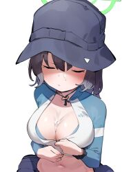 Rule 34 | 1girl, absurdres, black hair, black hat, blue archive, blush, breasts, cleavage, closed eyes, closed mouth, cum, cum on body, cum on breasts, cum on upper body, goe (g-o-e), green halo, hair between eyes, halo, hat, highres, large breasts, navel, official alternate costume, raglan sleeves, rash guard, saki (blue archive), saki (swimsuit) (blue archive), short hair, simple background, solo, upper body, white background