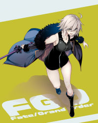 Rule 34 | 10mo, ahoge, armpits, bare shoulders, black dress, black footwear, blue coat, boots, breasts, coat, copyright name, dress, fate/apocrypha, fate/grand order, fate (series), full-length zipper, fur-trimmed coat, fur trim, high heel boots, high heels, highres, holding, holding sword, holding weapon, jeanne d&#039;arc (fate), jeanne d&#039;arc alter (fate), jeanne d&#039;arc alter (ver. shinjuku 1999) (fate), jewelry, knee boots, large breasts, necklace, official alternate costume, open clothes, open coat, short dress, short hair, silver hair, solo, sword, weapon, wicked dragon witch ver. shinjuku 1999, yellow background, yellow eyes, zipper