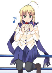 Rule 34 | 1girl, ahoge, artist request, artoria pendragon (all), artoria pendragon (fate), black pantyhose, blonde hair, blue scarf, blush, eating, fate/stay night, fate (series), fence, food, green eyes, hair ribbon, musical note, official alternate costume, pantyhose, pleated skirt, potato, ribbon, saber (fate), scarf, skirt, solo, sweet potato, winter clothes