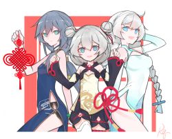 Rule 34 | 3girls, black hair, blue eyes, china dress, chinese clothes, chinese new year, closed mouth, double bun, dress, error1980, fu hua, fu hua (blue swallow), fu hua (valkyrie accipiter), hair between eyes, hair bun, highres, holding, honkai (series), honkai impact 3rd, kiana kaslana, long hair, long sleeves, looking at viewer, multiple girls, new year, open mouth, ponytail, simple background, smile, theresa apocalypse, theresa apocalypse (valkyrie pledge), twintails, underwear, white background, white hair