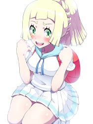 Rule 34 | 1girl, backpack, bag, blonde hair, boris (noborhys), braid, clenched hands, creatures (company), crown braid, game freak, green eyes, highres, lillie (pokemon), long hair, nintendo, open mouth, pokemon, pokemon sm, ponytail, skirt, smile, solo, spoilers