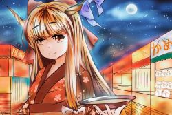 Rule 34 | 1girl, alternate costume, arm up, blunt bangs, bow, cherry blossom print, cloud, cup, festival, floral print, food stand, full moon, hair bow, highres, horn ornament, horn ribbon, horns, ibuki suika, japanese clothes, kimono, knxx 330, light smile, long hair, looking away, moon, night, night sky, obi, orange eyes, orange hair, outdoors, red kimono, ribbon, sakazuki, sash, sky, smile, solo, thick eyebrows, touhou, upper body, very long hair