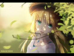 Rule 34 | 1girl, aqua eyes, artoria pendragon (all), artoria pendragon (fate), bad id, bad pixiv id, blonde hair, blue gemstone, border, bush, dappled sunlight, fate/stay night, fate (series), gem, gradient background, hat, jewelry, letterboxed, looking at viewer, looking up, magicians (zhkahogigzkh), nature, necklace, saber (fate), shade, shirt, solo, straw hat, sunlight, white shirt