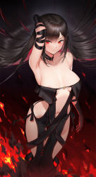 Rule 34 | 1girl, areola slip, arm behind head, arm up, armpits, bare shoulders, black background, black dress, black hair, breasts, center opening, choker, cleavage, closed mouth, dress, duan henglong, earrings, fate/grand order, fate (series), fire, jewelry, large breasts, long hair, looking at viewer, medium breasts, multicolored hair, multiple earrings, pink hair, red eyes, revealing clothes, ribbon-trimmed dress, solo, strapless, strapless dress, thighs, very long hair, yu mei-ren (fate)
