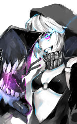 Rule 34 | 10s, 1girl, abyssal ship, chagen kokimu, glowing, glowing eyes, grin, highres, hood, jacket, kantai collection, monster, pale skin, personification, purple eyes, re-class battleship, short hair, silver hair, smile, solo