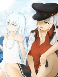 Rule 34 | 10s, 2girls, artist request, bad id, bad pixiv id, black gloves, blue eyes, breasts, cleavage, day, facial scar, food, gangut (kancolle), gloves, grey hair, hair between eyes, hat, hibiki (kancolle), highres, jacket, kantai collection, large breasts, long hair, long sleeves, military, military hat, military jacket, military uniform, miniskirt, multiple girls, open mouth, orange hair, outdoors, pantyhose, peaked cap, popsicle, red shirt, remodel (kantai collection), scar, scar on cheek, scar on face, shirt, skirt, uniform, unworn gloves, verniy (kancolle)