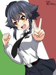 Rule 34 | 10s, 1girl, anzio school uniform, artist name, belt, beret, black belt, black hair, black hat, black skirt, braid, brown eyes, commentary, dress shirt, emblem, flag background, girls und panzer, hat, highres, italian flag, long sleeves, looking at viewer, miniskirt, one-hour drawing challenge, open mouth, pantyhose, pepperoni (girls und panzer), pleated skirt, ruka (piyopiyopu), school uniform, shirt, short hair, side braid, skirt, smile, solo, standing, twitter username, v, v-shaped eyebrows, white pantyhose, white shirt, wing collar