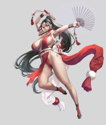 Rule 34 | 1girl, absurdres, areola slip, armpits, bare legs, bare shoulders, black hair, bow, breasts, brown eyes, covered erect nipples, fatal fury, folded fan, folding fan, full body, grey background, hand fan, high ponytail, highres, holding, holding fan, japanese clothes, jeneral, kimono, large breasts, long hair, looking at viewer, midriff peek, mouth hold, ninja, no bra, obi, parted bangs, pelvic curtain, ponytail, red kimono, revealing clothes, rope, sash, shiranui mai, sideboob, simple background, sleeveless, sleeveless kimono, snk, socks, solo, the king of fighters, thighs, very long hair, waistband, wristband