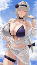 Rule 34 | 1girl, absurdres, archstreal, bare shoulders, bianca: stigmata (punishing: gray raven), bianca (punishing: gray raven), bikini, black choker, black hairband, bracelet, breasts, choker, cleavage, closed mouth, collarbone, grey hair, hair ornament, hairband, highres, jewelry, large breasts, long sleeves, looking at viewer, medium hair, nail polish, navel, off shoulder, outdoors, punishing: gray raven, purple eyes, purple nails, shirt, sky, solo, swimsuit, thigh strap, white shirt