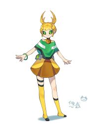 Rule 34 | 1girl, asymmetrical legwear, ben 10, black sclera, blonde hair, bracelet, brown skirt, capelet, character request, chinese commentary, closed mouth, colored sclera, full body, green capelet, green eyes, highres, jewelry, legs apart, looking at viewer, miniskirt, over-kneehighs, shadow, short hair, simple background, single over-kneehigh, single sock, single thighhigh, skirt, smile, socks, solo, split mouth, standing, thigh strap, thighhighs, uneven legwear, white background, yellow socks, yellow thighhighs, youzaiyouzai112