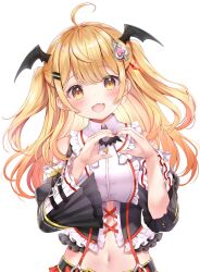 Rule 34 | 1girl, :d, ahoge, black sleeves, blonde hair, blush, crop top, detached sleeves, fang, floating hair, gothic lolita, hair ornament, head wings, heart, heart hair ornament, heart hands, highres, hololive, lolita fashion, long hair, looking at viewer, midriff, nail polish, navel, open mouth, pink nails, red ribbon, ribbon, sakura moyon, simple background, smile, solo, stomach, suspenders, upper body, virtual youtuber, white background, wings, yellow eyes, yozora mel, yozora mel (5th costume)