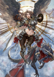 Rule 34 | 1girl, angel, armor, baraba baba, blonde hair, boots, cloud, dragon, flying, foreshortening, gorget, lipstick, long hair, makeup, midriff, navel, pauldrons, shield, shoulder armor, skin tight, sky, solo, sweat, sword, weapon, wings