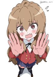 Rule 34 | 1girl, @ @, absurdres, aisaka taiga, black ribbon, black thighhighs, blue skirt, blush, brown eyes, brown footwear, brown hair, buttons, collared shirt, commentary, double-breasted, fang, flying sweatdrops, full body, hair between eyes, highres, jacket, loafers, long hair, long sleeves, looking at viewer, neck ribbon, oohashi high school uniform, open mouth, pleated skirt, red jacket, ribbon, school uniform, shirt, shoes, simple background, skin fang, skirt, solo, standing, sweatdrop, thighhighs, toradora!, twitter username, very long hair, white background, white gorilla (okamoto), white shirt