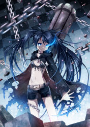 Rule 34 | 10s, 1girl, absurdres, belt, bikini, bikini top only, black hair, black rock shooter, black rock shooter (character), blue eyes, cape, chain, glowing, glowing eyes, highres, long hair, mauve, motion blur, outstretched hand, ringed eyes, scar, shorts, solo, swimsuit, twintails, uneven twintails, vocaloid
