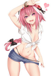 Rule 34 | 1boy, :d, absurdres, arm up, astolfo (fate), astolfo (sugar vacation) (fate), black bow, black panties, black ribbon, blue shorts, blush, bow, bracelet, braid, calligraphy brush (medium), collarbone, collared shirt, commentary request, contrapposto, cowboy shot, denim, denim shorts, fang, fate/grand order, fate (series), floating hair, flower, graphite (medium), groin, hair between eyes, hair bow, hair flower, hair ornament, hair ribbon, half-closed eyes, heart, heart-shaped pupils, hibiscus, highres, jewelry, kana616, long hair, looking at viewer, male focus, midriff, multicolored hair, navel, official alternate costume, open mouth, panties, panty pull, pectorals, pink hair, pulling own clothes, purple eyes, red flower, ribbon, shirt, short shorts, short sleeves, shorts, signature, simple background, single braid, skin fang, skindentation, smile, solo, spanish commentary, standing, stomach, streaked hair, symbol-shaped pupils, thong, tied shirt, traditional media, trap, underwear, v, very long hair, white background, white hair, white shirt