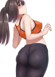 Rule 34 | 1girl, absurdres, akizuki (kancolle), ass, bare shoulders, black hair, black pants, blue eyes, blush, breasts, closed mouth, commentary request, cowboy shot, from behind, highres, kantai collection, kiritto, long hair, looking at viewer, looking back, medium breasts, motion lines, orange shirt, orange tank top, pants, ponytail, purple eyes, shirt, simple background, solo, spoken blush, sports bra, sweat, tank top, thighs, white background, yoga pants