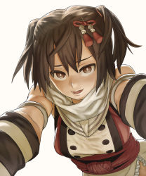 Rule 34 | 10s, 1girl, backlighting, bad id, bad pixiv id, breasts, brown eyes, brown hair, elbow gloves, gloves, hair ornament, kantai collection, katahira (hiyama), looking at viewer, open mouth, reaching, scarf, seductive smile, sendai (kancolle), sendai kai ni (kancolle), short hair, short twintails, simple background, small breasts, smile, solo, twintails, two side up, upper body, white background