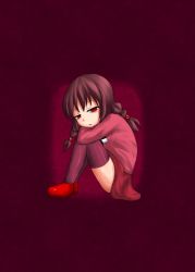 Rule 34 | 1girl, aosora (mizore), bad id, bad pixiv id, braid, brown hair, frown, hair ornament, head rest, hugging own legs, knees to chest, madotsuki, pink shirt, red eyes, shirt, shoes, simple background, sitting, skirt, solo, thighhighs, twin braids, twintails, yume nikki, zettai ryouiki