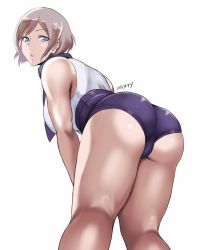 Rule 34 | 1girl, ass, bent over, blue eyes, breasts, corset, cropped legs, from behind, gridman universe, hair behind ear, large breasts, looking at viewer, looking back, mujina, puckered lips, purple corset, purple scarf, purple shorts, scarf, shibusun, shirt tucked in, short hair, shorts, silver hair, solo, ssss.dynazenon, white background