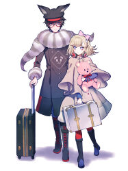 Rule 34 | 1boy, 1girl, animal ears, animal hat, black footwear, black hair, black headwear, blonde hair, blue eyes, boots, bow, brown capelet, brown coat, cabbie hat, capelet, closed mouth, coat, commentary request, fake animal ears, full body, fur-trimmed sleeves, fur collar, fur trim, glasses, grey coat, hair bow, hat, headphones, headphones around neck, highres, holding, holding stuffed toy, holding suitcase, long sleeves, looking at another, master detective archives: rain code, mokugyo, pantyhose, pink bow, pucci lavmin, red-framed eyewear, red eyes, red pantyhose, rolling suitcase, round eyewear, short hair, simple background, stuffed animal, stuffed toy, suitcase, teddy bear, walking, white background, zilch alexander