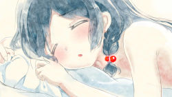 Rule 34 | 1girl, black hair, blush, braid, completely nude, closed eyes, facing viewer, hair bobbles, hair ornament, highres, long hair, lying, mianbaoshi mengxiang, nude, on stomach, original, parted lips, pillow, pink background, sleeping, solo