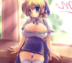 Rule 34 | 1girl, blonde hair, blue eyes, blush, breasts, ga015, huge breasts, large breasts, long hair, miniskirt, panties, pantyshot, ponytail, skirt, solo, thighhighs, underwear, waitress, white panties, zettai ryouiki