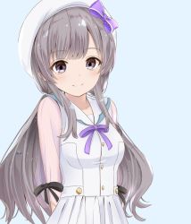 Rule 34 | 1girl, arms behind back, beret, black ribbon, blouse, blue background, blue eyes, blush, bow, breasts, buttons, closed mouth, collarbone, eyes visible through hair, grey hair, hair between eyes, hat, headwear request, highres, idolmaster, idolmaster shiny colors, long hair, looking at viewer, low twintails, medium breasts, pleated skirt, purple bow, purple ribbon, ribbon, ryouta (ryouta335), see-through, see-through sleeves, shirt, sidelocks, simple background, skirt, smile, solo, twintails, upper body, vest, white hat, white shirt, yukoku kiriko