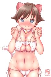 Rule 34 | 10s, 1girl, 2016, alternate costume, animal ears, artist name, bare shoulders, bell, blue eyes, blush, bra, breasts, brown hair, cat cutout, cat ear panties, cat ears, cat lingerie, cat tail, choker, cleavage cutout, clothing cutout, commentary request, dated, eyebrows, fake animal ears, fake tail, hiei (kancolle), highres, kanon (kurogane knights), kantai collection, light smile, looking at viewer, meme attire, navel, neck bell, panties, short hair, simple background, solo, tail, underwear, white background