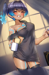 1girl absurdres bed blue_hair borrowed_clothes chest_jewel coffee_mug cup dark-skinned_female dark_skin fiery_hair glowing_lines gradient_hair highres implied_after_sex looking_at_viewer mug multicolored_hair no_bra no_panties pussy_juice sena_(xenoblade) siebolds_demon smile solo strap_slip sweat tank_top thighhighs very_sweaty window xenoblade_chronicles_(series) xenoblade_chronicles_3