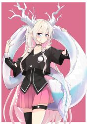 Rule 34 | 1girl, ahoge, bare shoulders, black shirt, blonde hair, blue eyes, braid, choker, dragon, dragon tail, hair between eyes, highres, ia (vocaloid), long hair, long sleeves, looking at viewer, off shoulder, pink hair, pink skirt, shirt, single thighhigh, skirt, solo, tail, thigh strap, thighhighs, twin braids, very long hair, voiceroid, zooanime