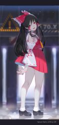 Rule 34 | 10s, 1girl, 2016, :d, absurdres, arms behind back, bad id, bad pixiv id, black hair, blurry, depth of field, detached sleeves, from side, full body, hakurei reimu, highres, hoshimawa, japanese clothes, long hair, looking at viewer, miko, open mouth, own hands clasped, own hands together, red eyes, smile, solo, teeth, touhou