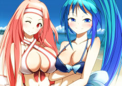 Rule 34 | 2girls, aqua hair, beach, bikini, blue eyes, blush, breasts, chiyome (p&amp;d), cleavage, criss-cross halter, day, front-tie top, hairband, halterneck, halterneck, hatsume (p&amp;d), huge breasts, long hair, looking at viewer, merry (diameri), multiple girls, navel, one eye closed, pink hair, ponytail, puzzle &amp; dragons, red eyes, smile, strap gap, swimsuit, very long hair, wink