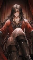 Rule 34 | 1boy, absurdres, bishounen, black hair, butterfly necklace, chinese clothes, eyepatch, highres, hua cheng, long hair, long sleeves, male focus, red eyes, red hanfu, red robe, robe, sitting, tianguan cifu, very long hair, wide sleeves, young57440489