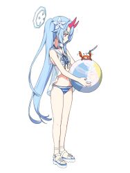 Rule 34 | 1girl, animal, artpatient, ball, beachball, bikini, blue archive, blue eyes, blue hair, blue halo, breasts, chise (blue archive), chise (swimsuit) (blue archive), crab, flower, full body, hair flower, hair ornament, halo, highres, holding, holding ball, holding beachball, horns, long hair, navel, ponytail, red horns, simple background, small breasts, solo, striped bikini, striped clothes, swimsuit, white flower