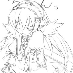 Rule 34 | 00s, 1girl, greyscale, lolita fashion, monochrome, one eye closed, rozen maiden, simple background, solo, suigintou, takami ryou, white background, wings