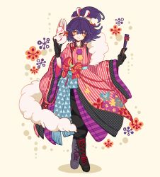 Rule 34 | 1girl, :3, animal print, bell, belt, black footwear, black gloves, black kimono, blue belt, blue hair, boots, bow, butterfly print, clothing request, cloud, cross-laced footwear, dot nose, floral print, fox mask, full body, gloves, half updo, hand fan, highres, holding, holding fan, holding mask, japanese clothes, kariginu, kimono, knee boots, lace-up boots, layered clothes, layered kimono, looking at viewer, mask, nonokusu (no2xnox), otoca d&#039;or, red bow, simple background, sleeves past wrists, solo, striped, tomoe (symbol), uroko (pattern), vertical stripes, yellow eyes, yomi (otoca d&#039;or)