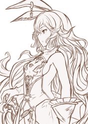 Rule 34 | 10s, 1girl, absurdres, animal ears, backless dress, backless outfit, bad id, bad twitter id, bare shoulders, belt, breasts, clothing cutout, cowboy shot, dress, earrings, erune, ferry (granblue fantasy), gloves, granblue fantasy, greyscale, hair between eyes, high collar, highres, jewelry, long hair, looking away, medium breasts, monochrome, profile, side cutout, sideboob, sidelocks, sleeveless, solo, very long hair, wavy hair, white background, yatsuka (846)