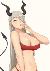 Rule 34 | 1girl, bikini, blush, breasts, cleavage, demon girl, covered erect nipples, highres, hikikomoriamy, horns, large breasts, lips, long hair, looking at viewer, monster girl, nail polish, navel, open mouth, original, silver hair, simple background, smile, smug, solo, stomach, demon girl, swimsuit, tail