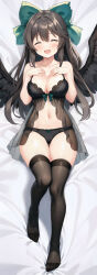 Rule 34 | 1girl, absurdres, black bra, black hair, black panties, black thighhighs, black wings, blush, bow, bra, breasts, cleavage, closed eyes, commentary request, commission, full body, green bow, hair bow, highres, hoshimitooni, large breasts, lingerie, long hair, lying, on back, on bed, open mouth, panties, pixiv commission, reiuji utsuho, smile, solo, thighhighs, touhou, underwear, wings