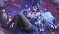 Rule 34 | 1girl, absurdres, azur lane, bare shoulders, black hair, breasts, bug, butterfly, chi an (azur lane), cleavage, cone hair bun, crossed legs, detached sleeves, dress, feet, flower, hair between eyes, hair bun, hand up, highres, insect, jeze, large breasts, legs, long hair, no shoes, one eye closed, pantyhose, red eyes, soles, solo, thighs, toes, tree, very long hair