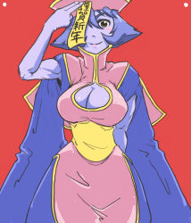Rule 34 | 1girl, blue hair, blush stickers, breasts, brown eyes, chinese clothes, cleavage, cleavage cutout, clothing cutout, colored skin, hat, jiangshi, large breasts, lei lei, ofuda, one eye covered, purple skin, qingdai guanmao, sash, short hair, narrow waist, smile, solo, toned, unko (ilovewas), vampire (game)