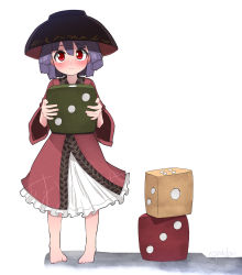 Rule 34 | 1girl, artist name, barefoot, black hat, blush, bowl, bowl hat, closed mouth, dice, hair between eyes, hat, highres, japanese clothes, kimono, long sleeves, purple hair, red eyes, red kimono, short hair, signature, simple background, solo, sukuna shinmyoumaru, topadori, touhou, white background, wide sleeves