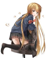 Rule 34 | &gt;:o, 10s, 1girl, :o, absurdres, black serafuku, black skirt, black thighhighs, blonde hair, blush, chair, highres, kantai collection, long hair, long sleeves, looking at viewer, looking back, low twintails, motion lines, necktie, no shoes, office chair, open mouth, over-kneehighs, pentagon (railgun ky1206), pleated skirt, satsuki (kancolle), satsuki kai ni (kancolle), school uniform, serafuku, simple background, skirt, solo, spinning, swivel chair, thighhighs, twintails, v-shaped eyebrows, very long hair, white background, yellow eyes, yellow necktie