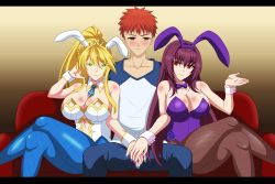 Rule 34 | 1boy, 2girls, absurdres, animal ears, artoria pendragon (all), artoria pendragon (fate), artoria pendragon (swimsuit ruler) (fate), bare shoulders, blonde hair, blue necktie, blue pantyhose, blush, braid, breasts, brown pantyhose, cleavage, clothing cutout, covered navel, detached collar, emiya shirou, fate/grand order, fate/stay night, fate (series), feather boa, fishnet pantyhose, fishnets, french braid, green eyes, hair between eyes, hair intakes, hair ribbon, highleg, highleg leotard, highres, implied threesome, large breasts, leotard, long hair, long sleeves, multiple girls, navel, navel cutout, necktie, orange hair, pantyhose, playboy bunny, poker chip, poker table, ponytail, purple hair, purple leotard, purple necktie, rabbit ears, raglan sleeves, red eyes, red hair, reiichi 543448, ribbon, scathach (fate), shirt, short hair, short necktie, sidelocks, table, tiara, very long hair, white leotard, white shirt, wrist cuffs, yellow eyes