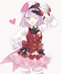 Rule 34 | 1girl, ankh, asa (1asa-0-asa1), ascot, beret, black ascot, black bow, black gloves, bow, collared shirt, cowboy shot, fate/grand order, fate (series), flower, frilled skirt, frills, gloves, hat, hat feather, hat flower, heart, helena blavatsky (fate), helena blavatsky (that&#039;s so mahatmau2606) (fate), highres, official alternate costume, one eye closed, open mouth, pink background, pink skirt, purple eyes, purple hair, red vest, rose, shirt, skirt, solo, standing, striped clothes, striped thighhighs, thighhighs, vest, waistcoat, white shirt