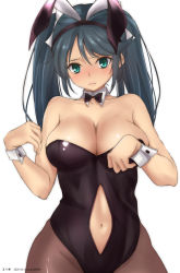 Rule 34 | 1girl, alternate costume, animal ears, aqua eyes, bare shoulders, blue hair, blush, breasts, cleavage, clothing cutout, detached collar, fake animal ears, hair ornament, hairband, highres, isuzu (kancolle), kantai collection, large breasts, leotard, long hair, looking at viewer, navel, navel cutout, pantyhose, playboy bunny, rabbit ears, rabbit girl, simple background, solo, timato, twintails, white background