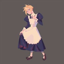 Rule 34 | 1boy, alicenpai, alternate costume, apron, black footwear, blonde hair, blue dress, blue eyes, blush, cloud strife, crossdressing, dress, earrings, final fantasy, final fantasy vii, final fantasy vii remake, full body, grey background, hand on own chest, jewelry, juliet sleeves, long sleeves, maid apron, male focus, mary janes, puffy sleeves, shoes, short hair, single earring, solo, spiked hair, square enix