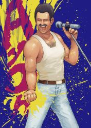 Rule 34 | 1boy, absurdres, belt, black hair, chanta (ayatakaoisii), chest hair, clenched hand, denim, facial hair, freddie mercury, highres, holding, holding microphone, holding microphone stand, jeans, male focus, manly, microphone, microphone stand, muscular, music, mustache, open clothes, open mouth, paint splatter, pants, queen (band), singing, solo, tank top, teeth