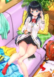 Rule 34 | 10s, 1girl, backpack, bad anatomy, bag, black hair, black skirt, blue eyes, blush, bow, breasts, cardigan, cellphone, closed mouth, unworn clothes, collared shirt, commentary request, couch, dress shirt, earbuds, earphones, fingernails, gridman universe, hand up, head tilt, highres, holding, holding phone, indoors, long hair, looking at viewer, lying, miniskirt, no shoes, on back, on couch, orange scrunchie, panties, phone, pillow, pink panties, plaid, plant, pleated skirt, potted plant, red bow, red socks, rug, scrunchie, shirt, single sock, skirt, small breasts, smartphone, socks, solo, ssss.gridman, sunlight, sunset, swordsouls, tablet pc, takarada rikka, thighs, underwear, white cardigan, white shirt, wooden floor, wrist scrunchie